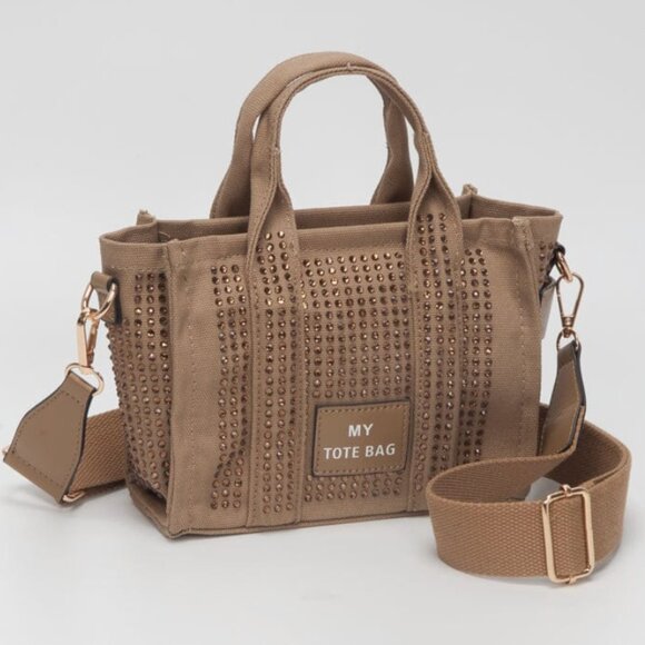 Handbags - Natural Tan Rhinestone Mini Tote Crossbody Bag | Sparkly Canvas Zip Purse NEW